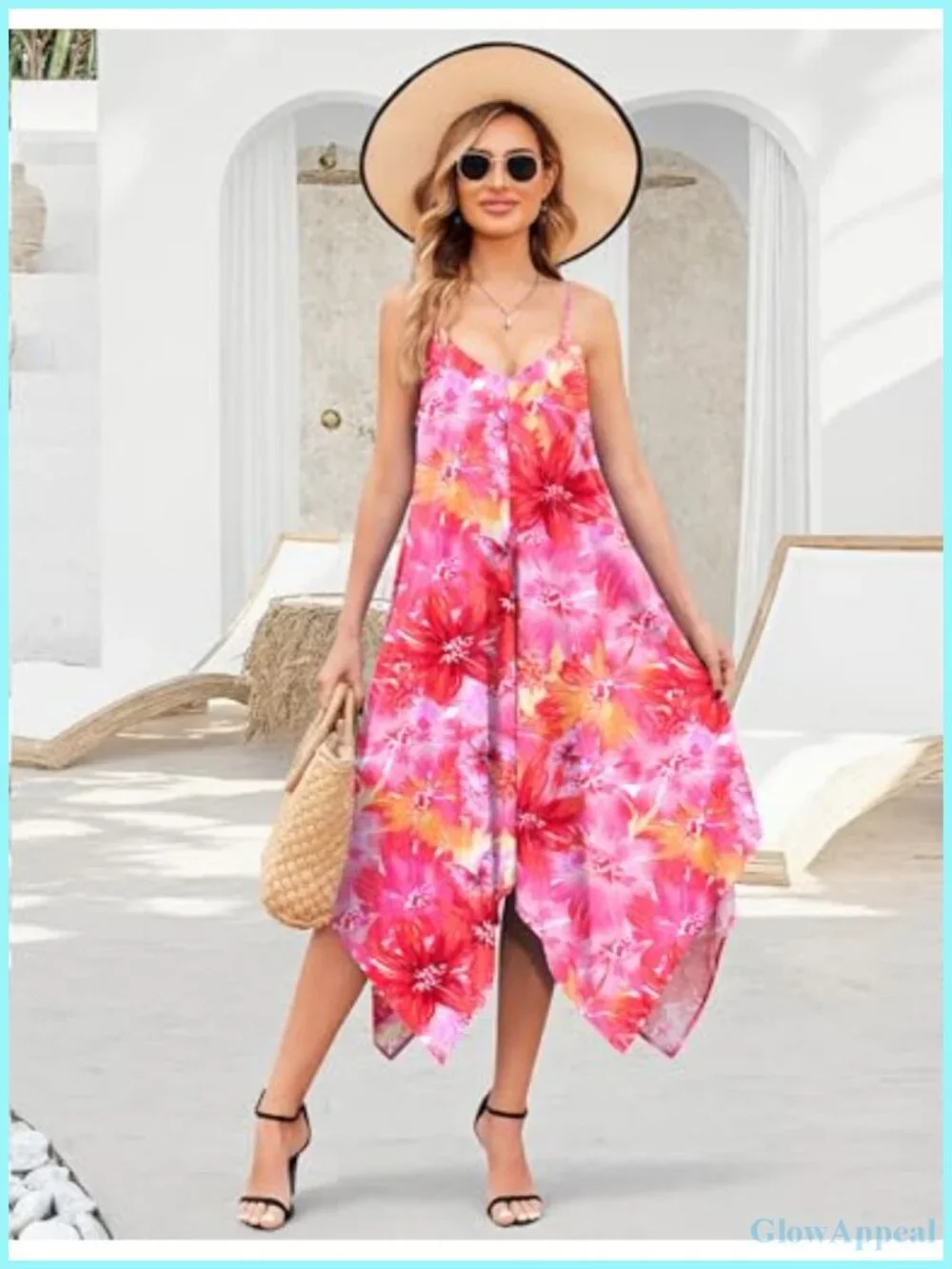 Boho Spaghetti Strap Midi Sundress with Deep V-Neck, Flowy Ruffle Hem,